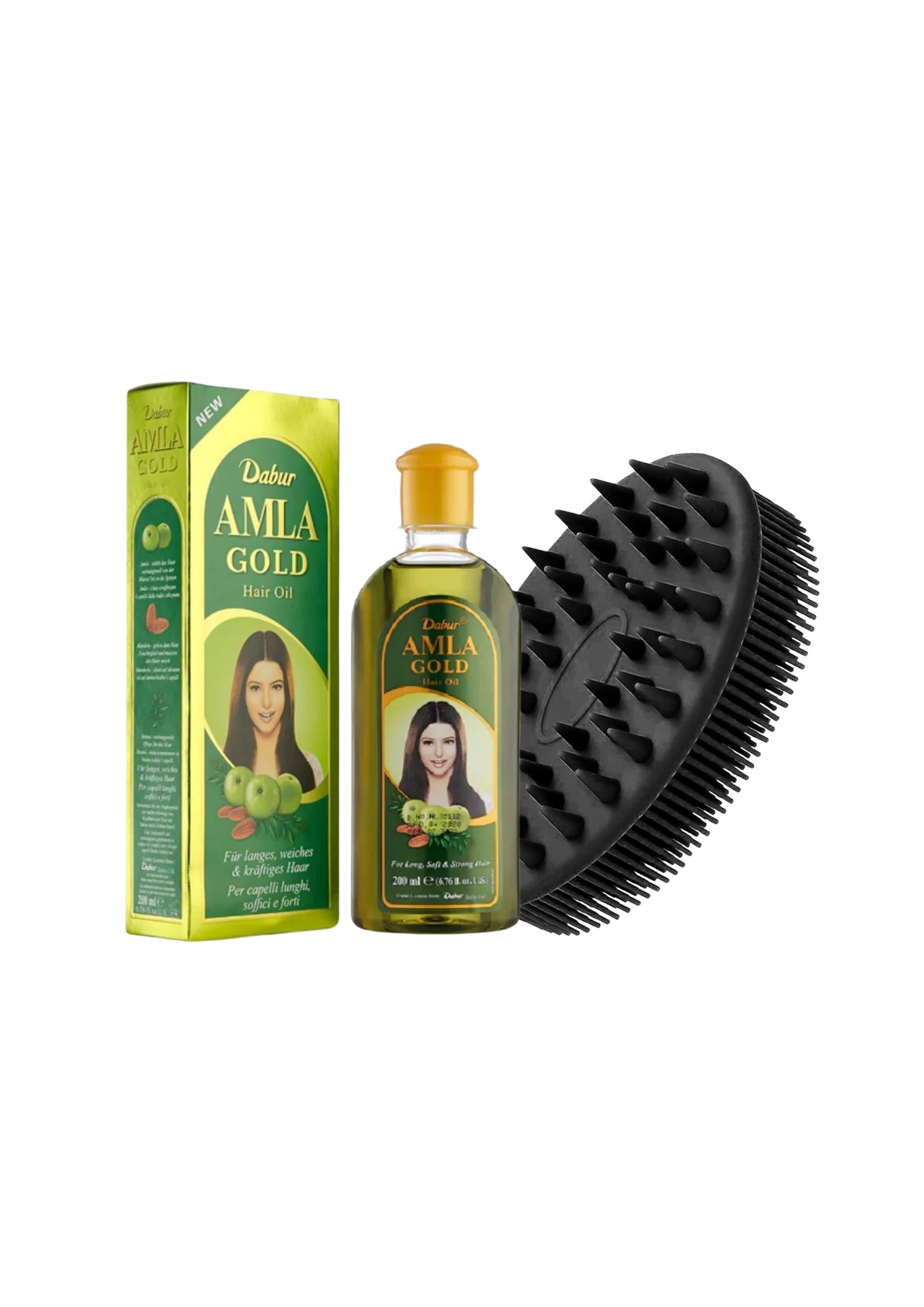 Amla Gold Hair Oil 200ml + Scalp Brush Set – Voedende Haarolie met Massagborstel